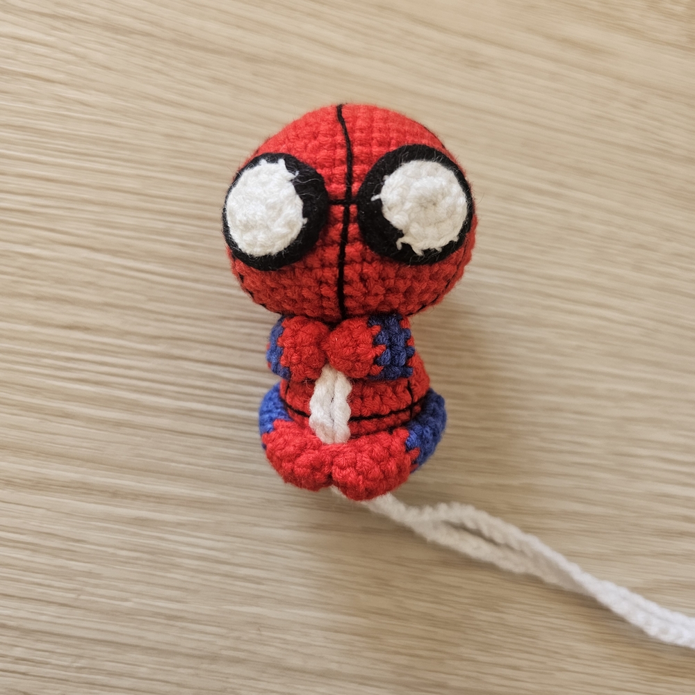 Red and Blue Crochet Amigurumi Doll Inspired By Spiderman With String